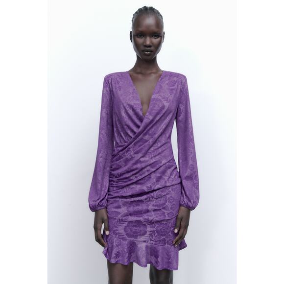 Zara Blogger Favorite Purple Floral Short Wrap Front Long Sleeve Dress S - Picture 1 of 11